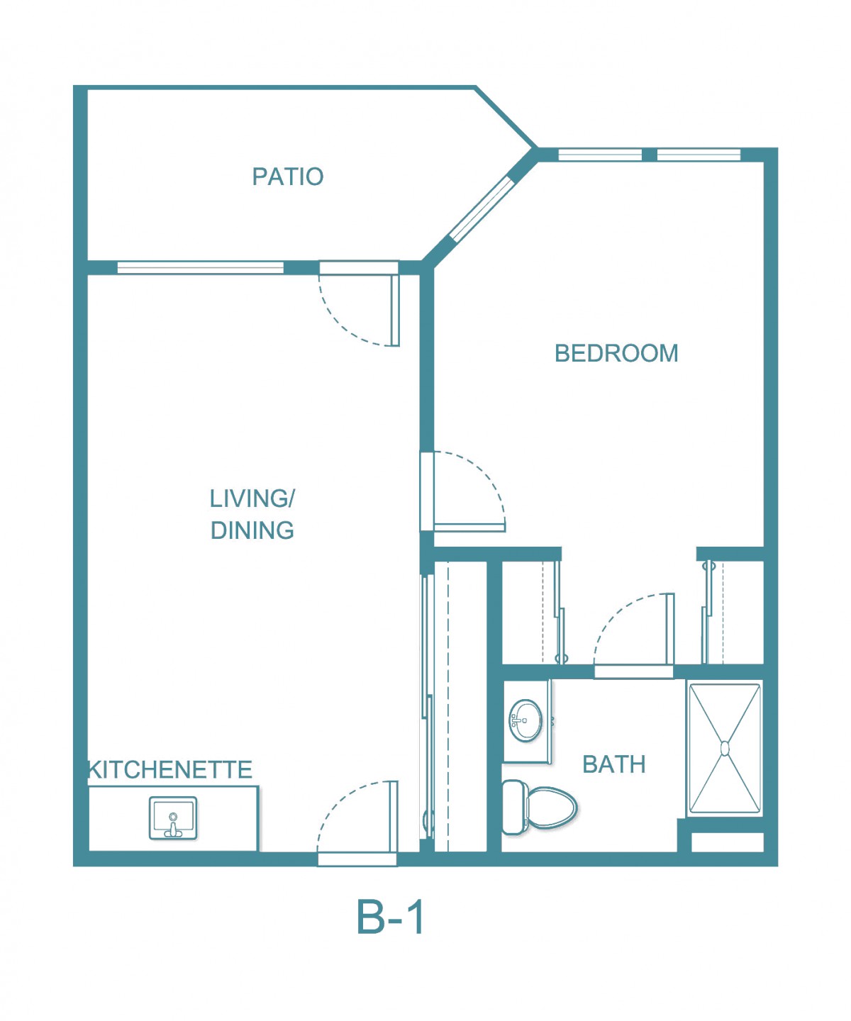 Blueprint of a one-bedroom apartment featuring a living/dining area, kitchenette, bath, bedroom, and patio.