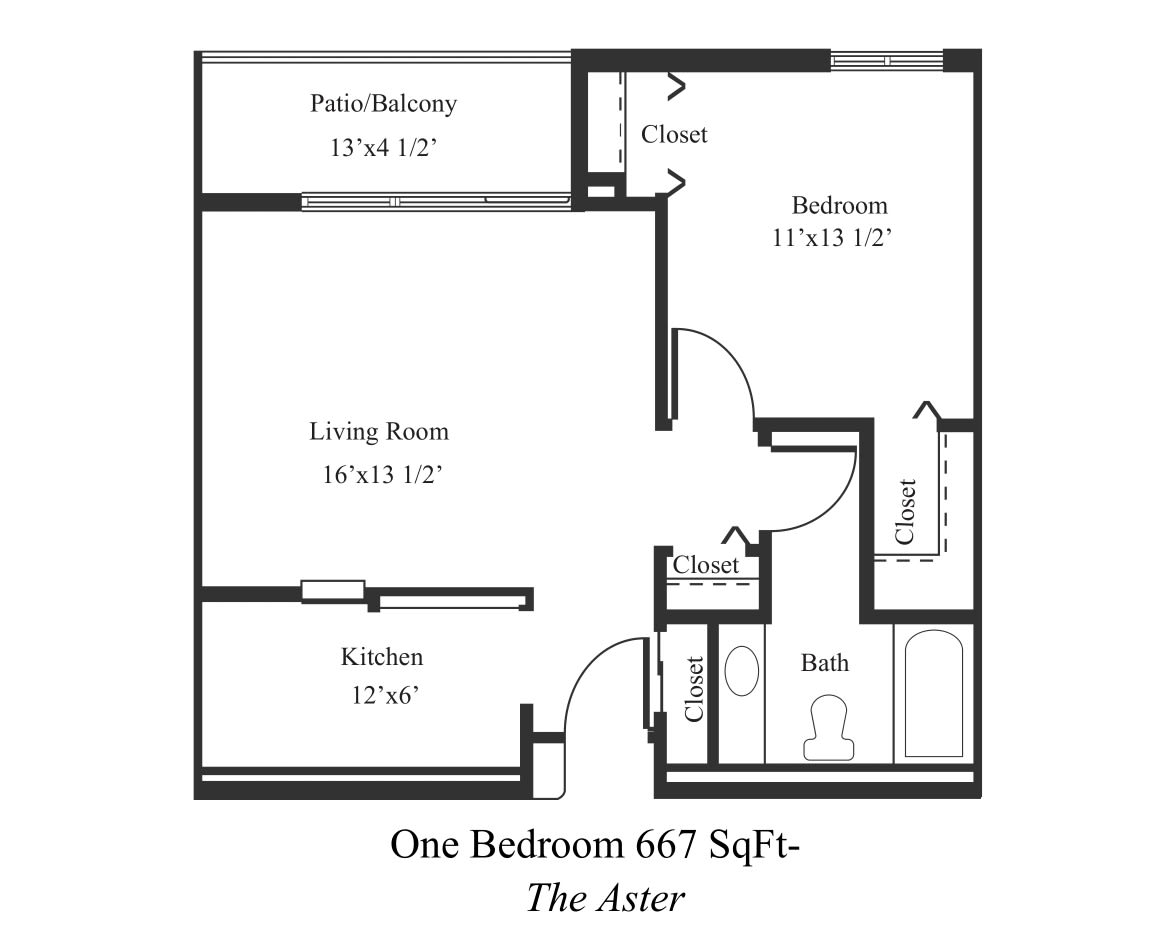 Floor plan of a one-bedroom apartment with a patio/balcony.