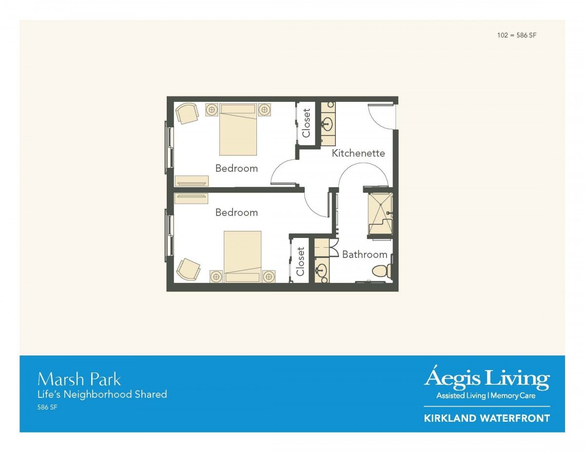 A floor plan blueprint showing the layout of two bedrooms and two bathrooms.