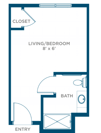 A simple floor plan of a studio apartment with a combined living/bedroom area, closet, and bathroom.