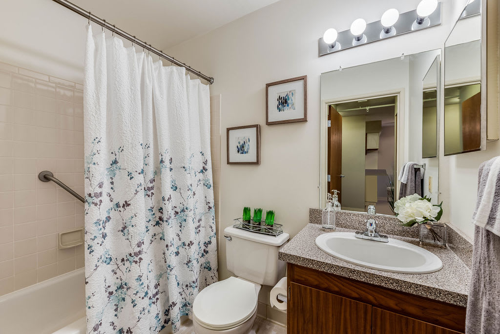 A cozy bathroom with floral decor and modern fixtures.