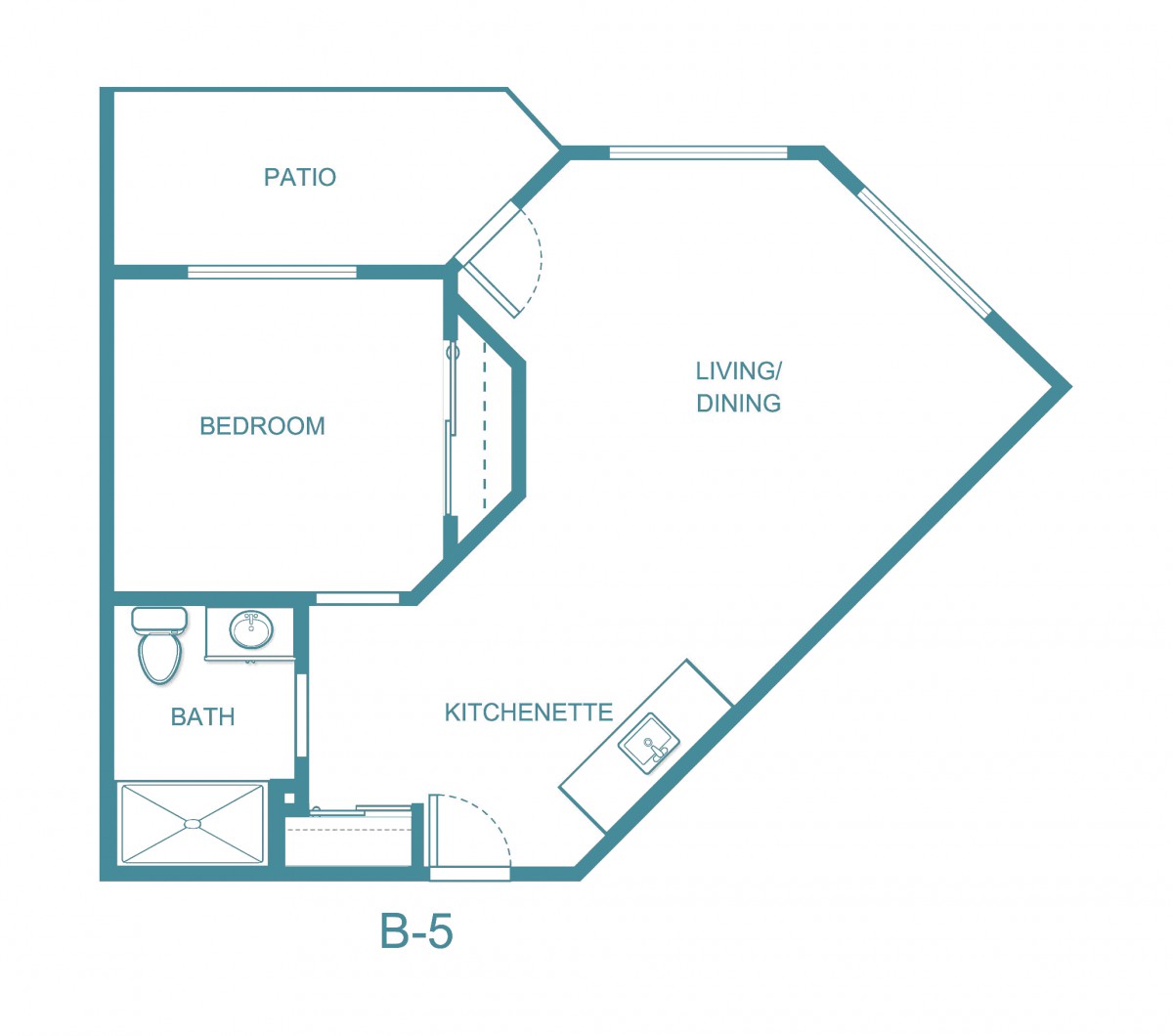 A floor plan of a one-bedroom apartment with a living area, kitchenette, bathroom, and patio.
