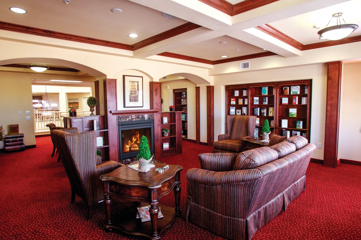 A cozy living room with a fireplace, surrounded by comfortable furniture and bookshelves.