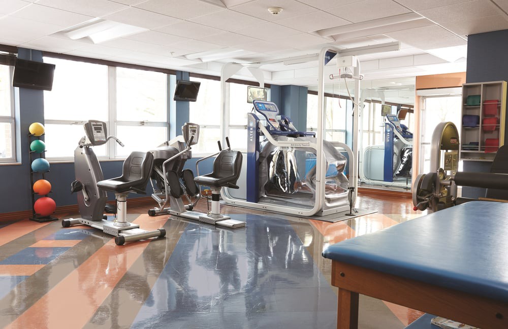An empty gym equipped with treadmills and stationary bikes, ready for use.