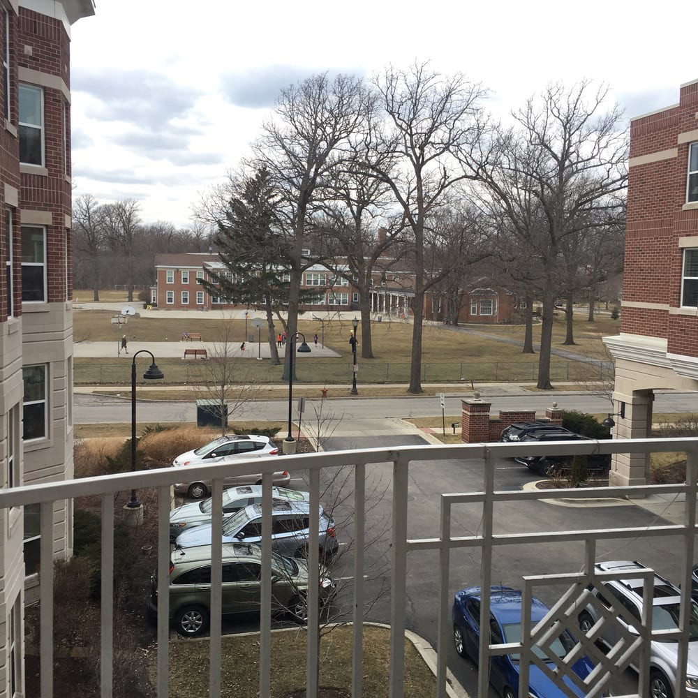 A view from a balcony overlooking parked cars and trees on a cloudy day.