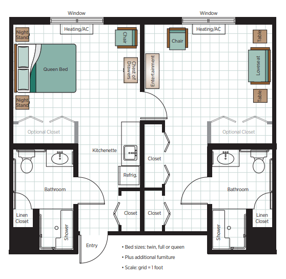 Floor plan of a two-bedroom apartment with individual bathrooms and shared kitchen and living area.