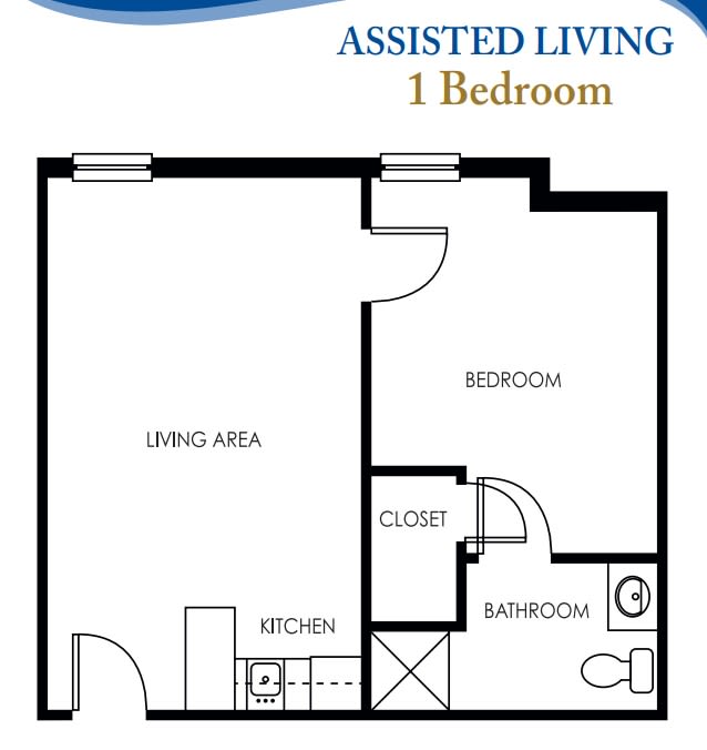 A floor plan layout for a one-bedroom assisted living apartment.