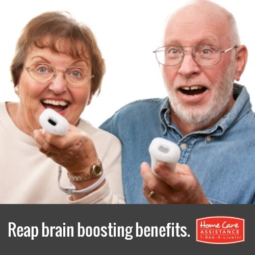 Seniors enjoying video games for brain health benefits.