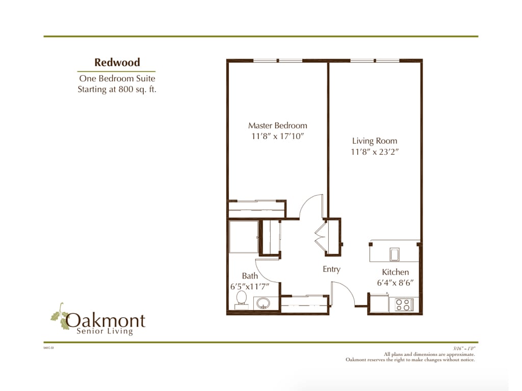 One-bedroom apartment floor plan with kitchen, living room, and bathroom.