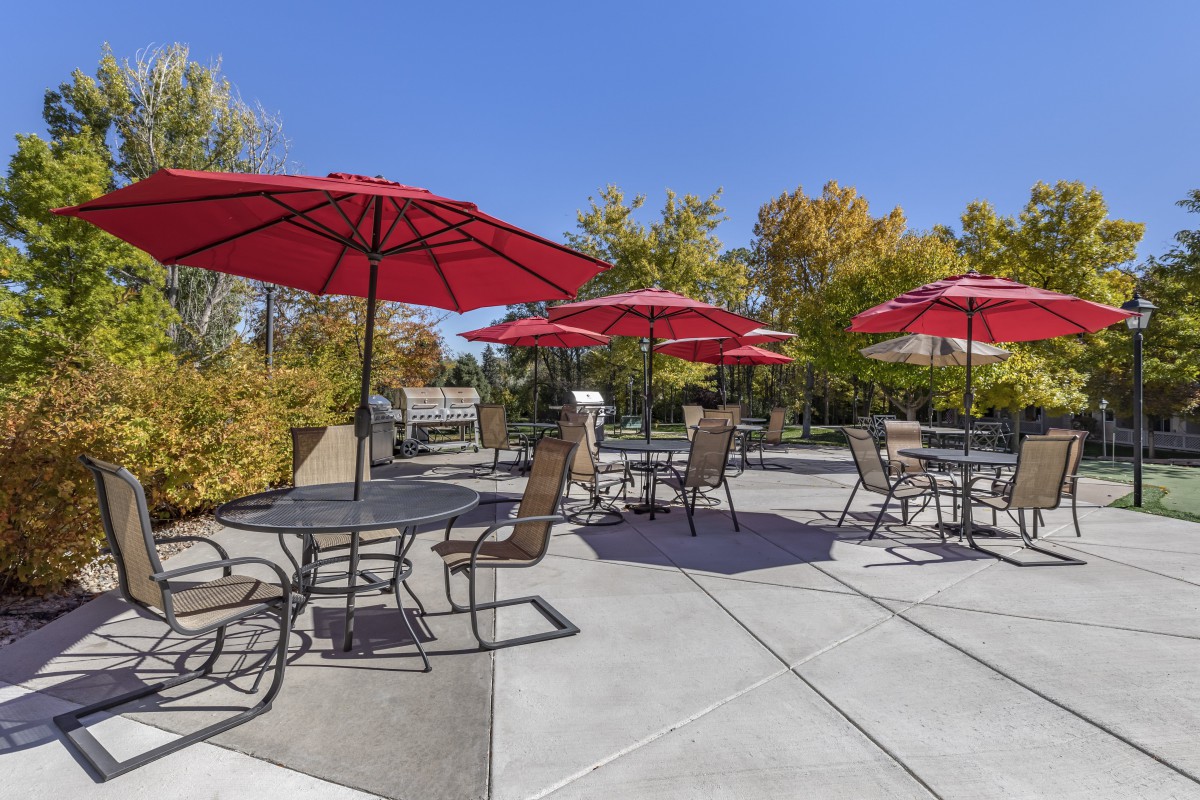 A sunny outdoor patio with red umbrellas covering tables and chairs, surrounded by trees.