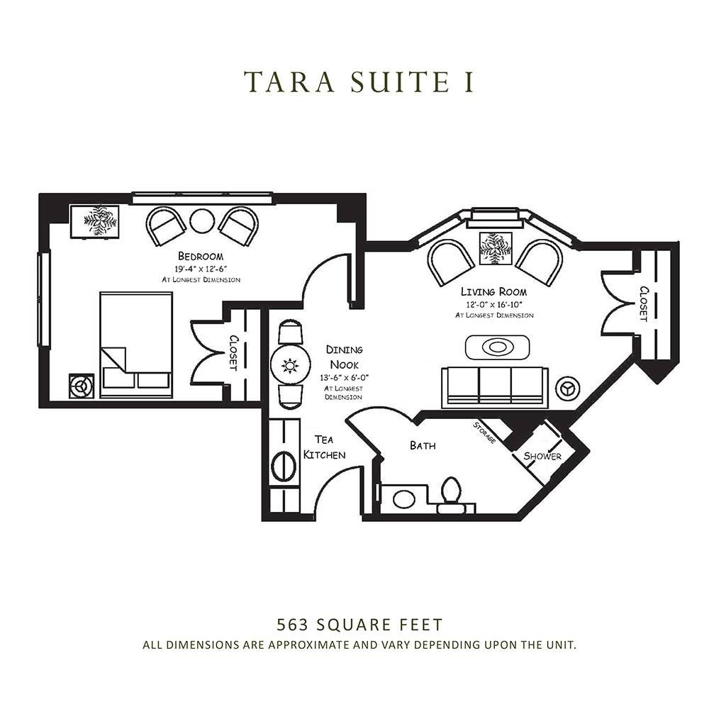 Floor plan of Tara Suite 1, showcasing a layout with living and sleeping areas.