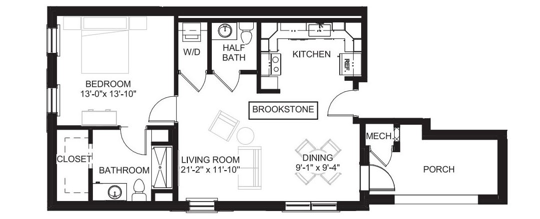 A floor plan of an apartment showing the layout of rooms including a living room, half bath, kitchen, dining area, and a washer/dryer space.