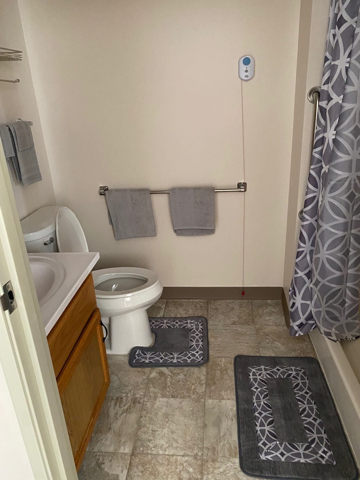 A tidy bathroom with a toilet, sink, and patterned shower curtain.