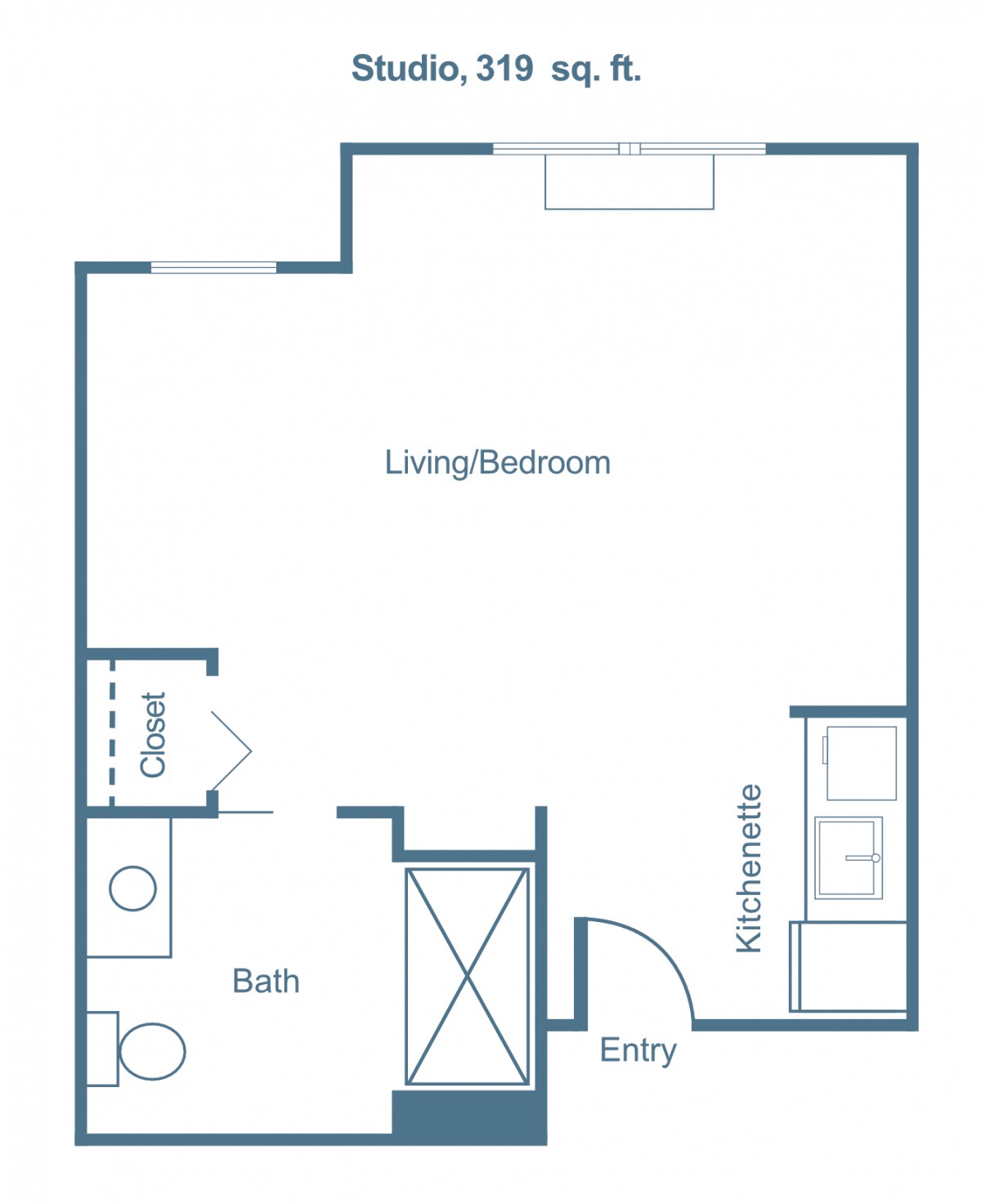 A floor plan of a studio apartment showing the layout of the living/bedroom area, kitchen, bathroom, and closet.