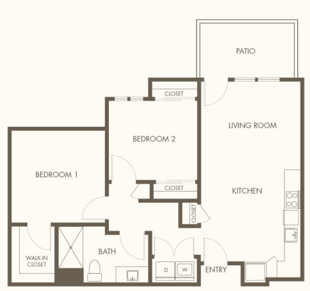 Floor plan of a two-bedroom apartment with a kitchen, living room, balcony, and bathroom.