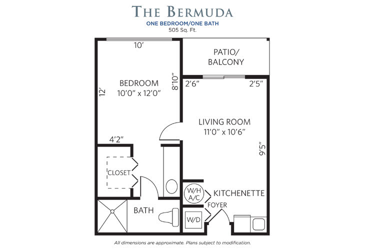 The Bermuda apartment floor plan featuring one bedroom, a living room, kitchenette, bath, and a patio/balcony.