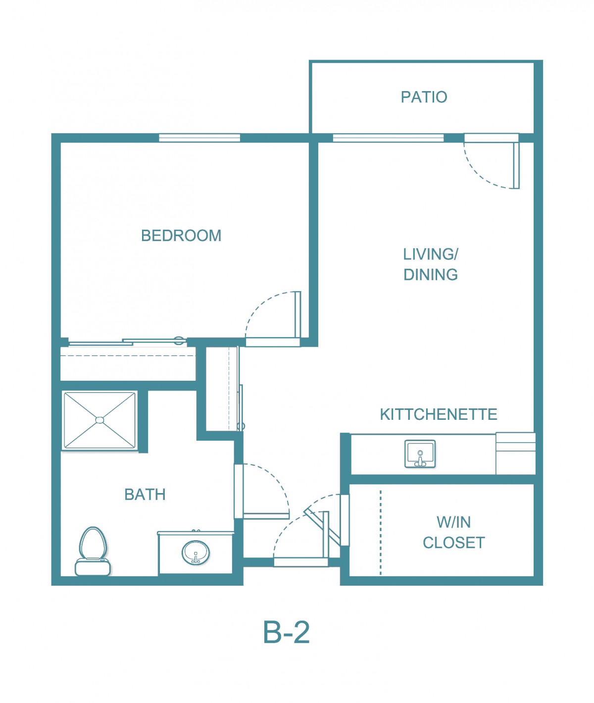 A detailed floor plan labeled 'B-2' featuring a one-bedroom apartment with a kitchenette, living/dining area, bathroom, walk-in closet, and patio.