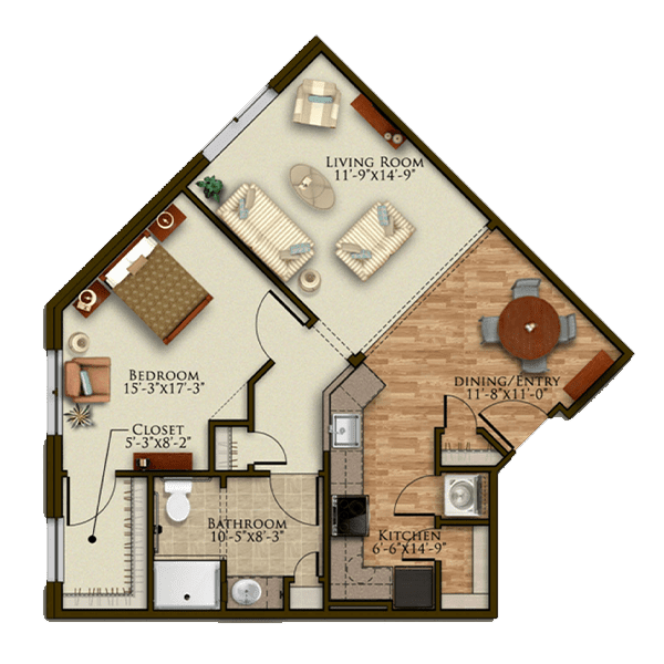 A floor plan of a one-bedroom apartment featuring a living room, kitchen, dining area, and bathroom.