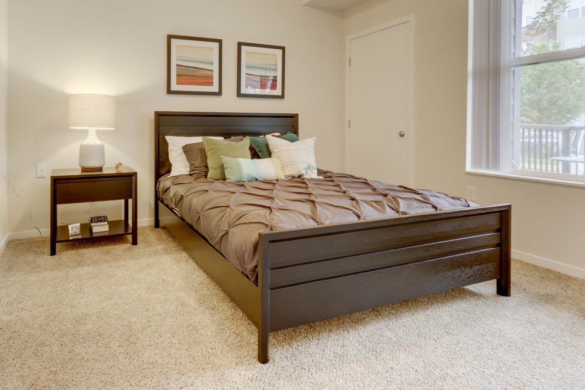 A cozy and modern bedroom featuring a neatly made bed with multiple pillows, bedside table with a lamp, and framed artwork on the wall.