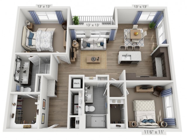 A detailed floor plan of a two-bedroom apartment, featuring a living room, kitchen, bathroom, and dining area.
