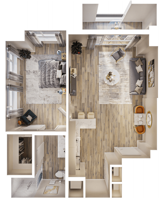 A detailed floor plan showing the layout of a modern apartment with a living room, bedroom, and kitchen area.