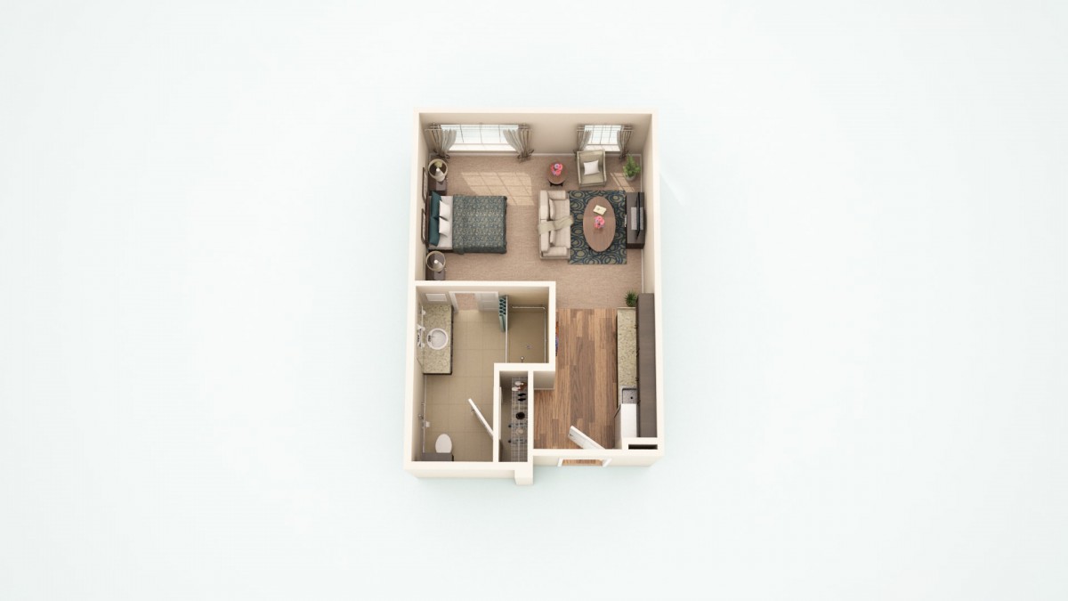 A 3D floor plan of a one-bedroom apartment featuring a bedroom, bathroom, and living area.