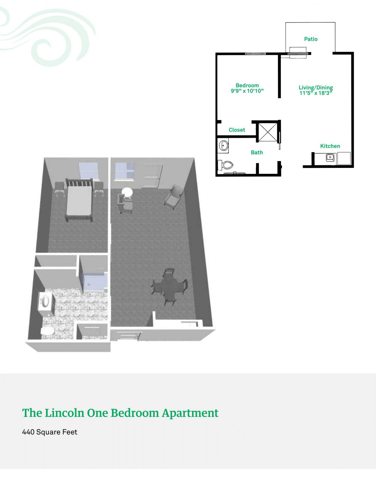 A 3D floor plan of a one-bedroom apartment, showcasing the layout and room dimensions.