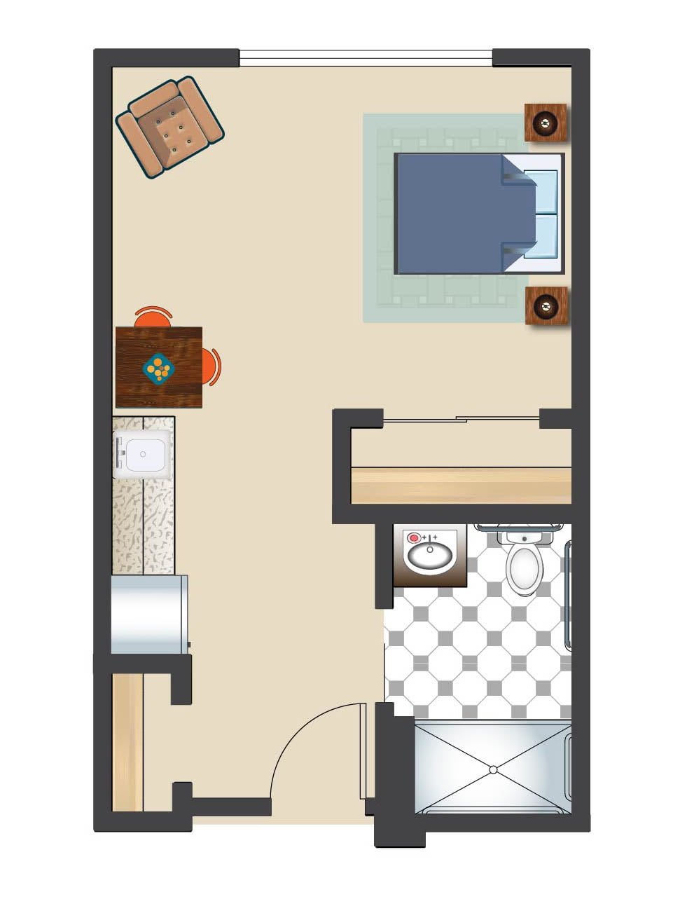 A simple floor plan showing a bedroom and a bathroom layout.