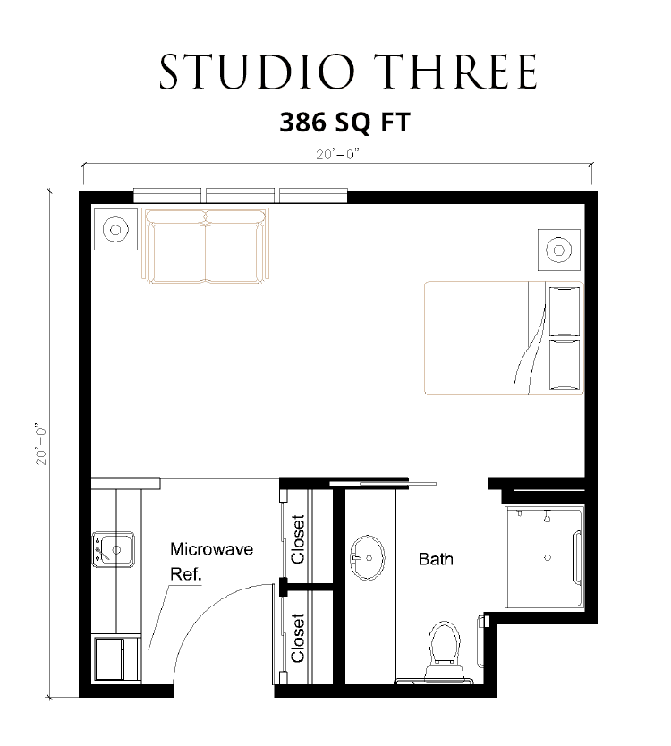 Floor plan of a studio apartment measuring 386 square feet.