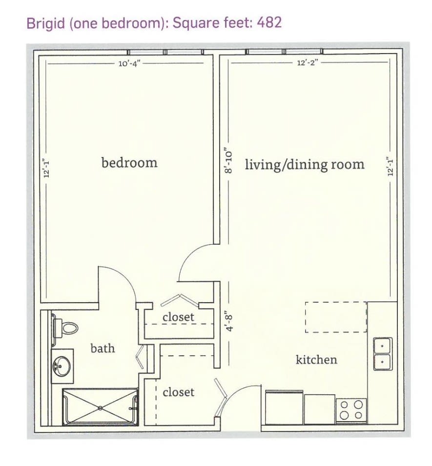 Blueprint of a single bedroom apartment layout with kitchen and living space.