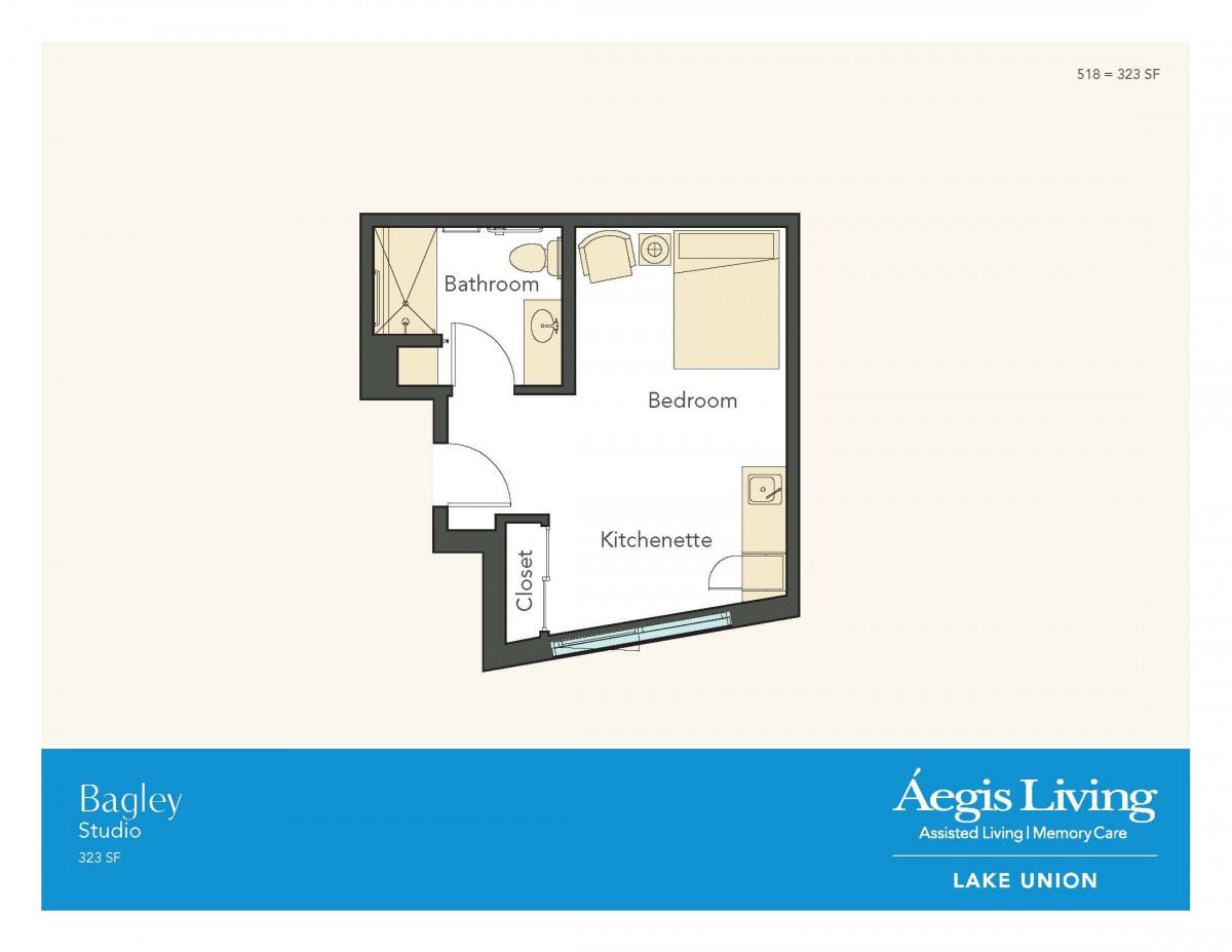 A simple floor plan showing the layout of a small apartment with designated areas for a bedroom, bathroom, and living space.
