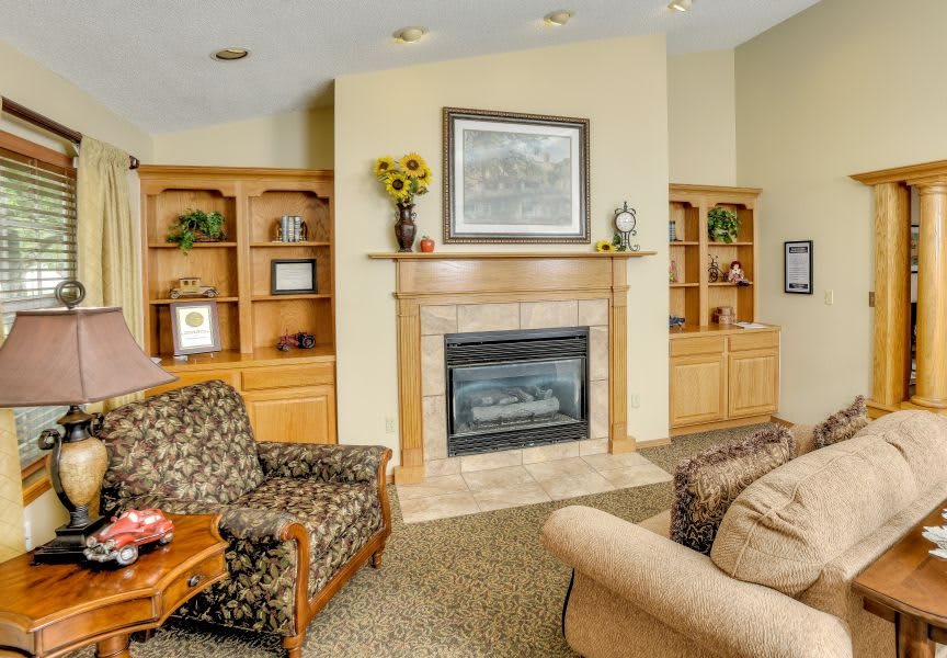 A cozy living room with a fireplace, decorated with armchairs and wooden bookshelves.