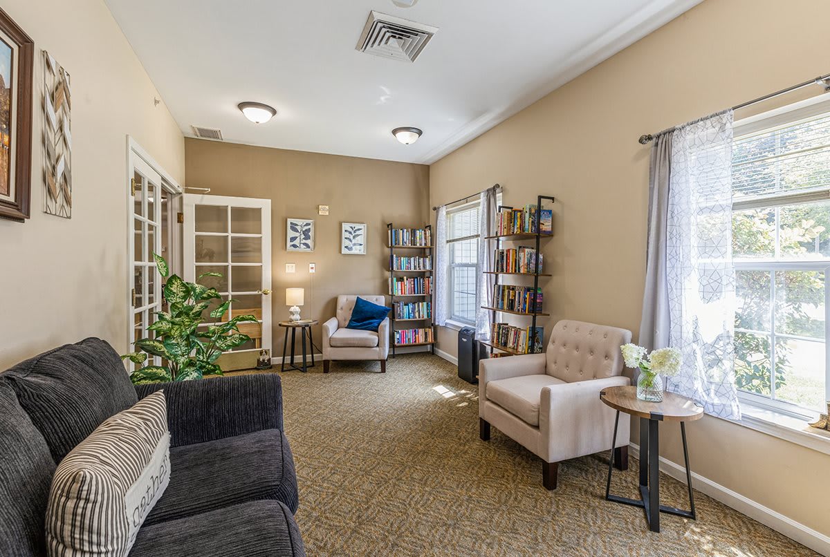 A cozy living room with comfortable furniture, bookshelves, and decorative elements.