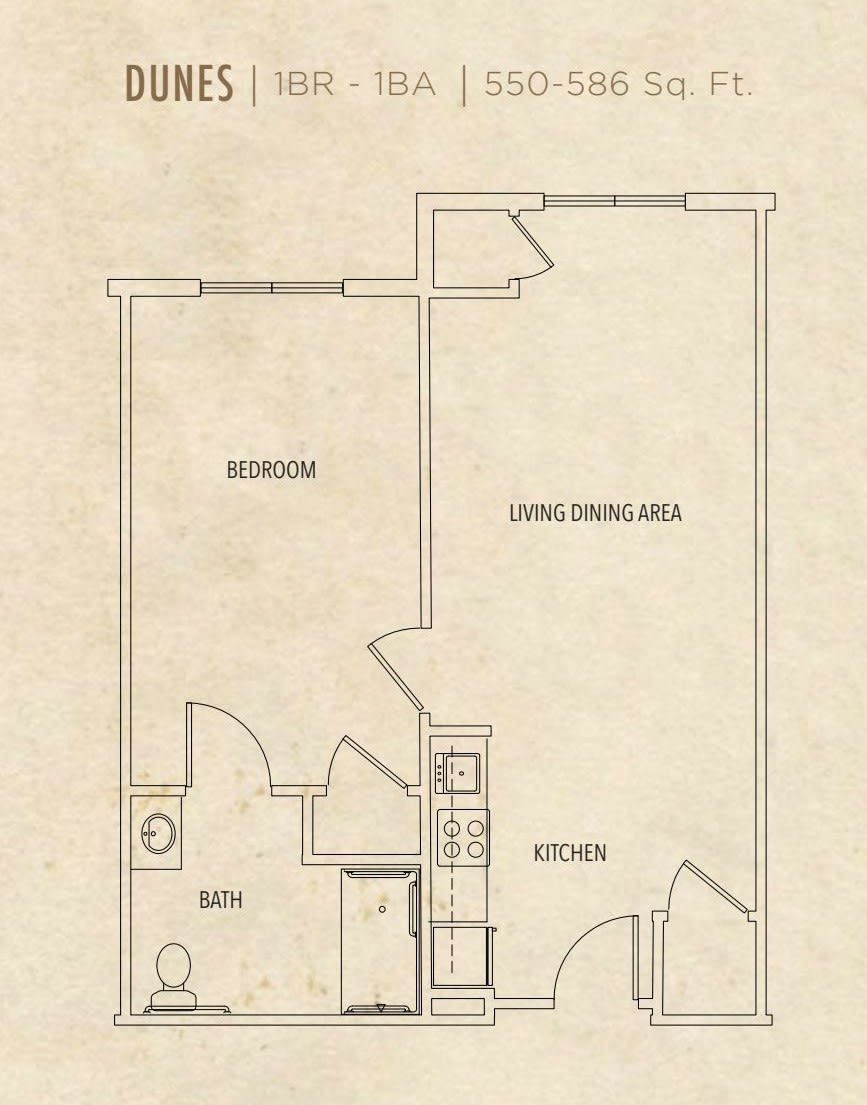 A floor plan of a one-bedroom apartment, featuring a living/dining area, a kitchen, and a bathroom.