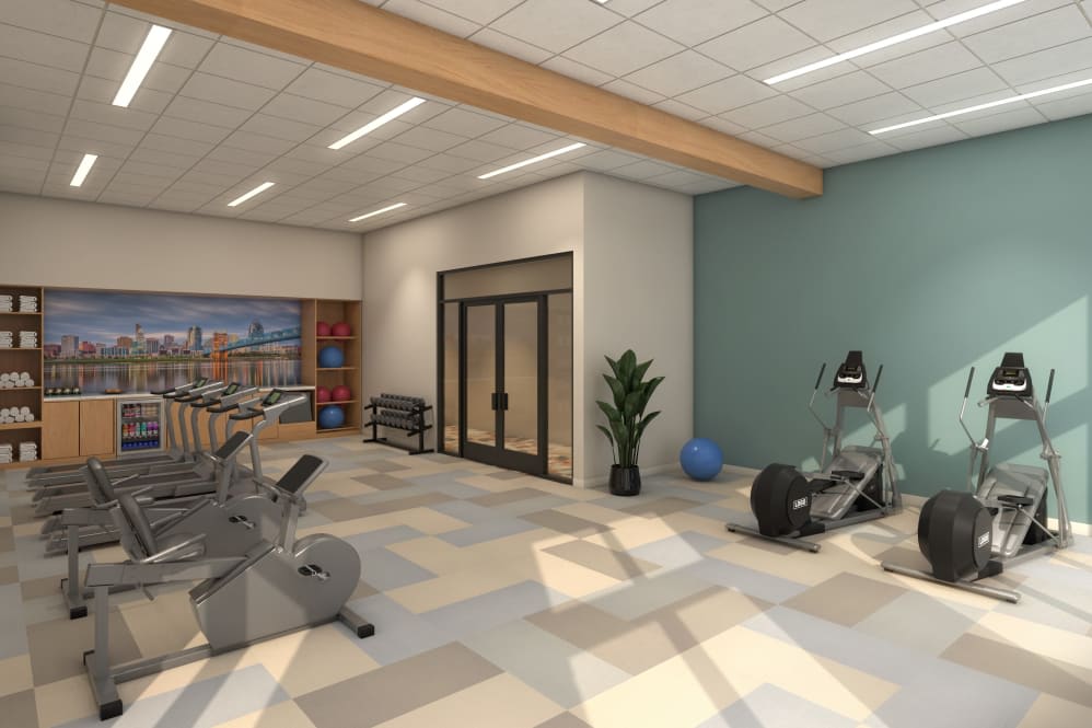 A modern gym with exercise equipment and a stylish interior.