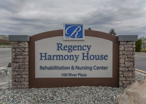 Sign for Regency Harmony House, a Rehabilitation and Nursing Center.
