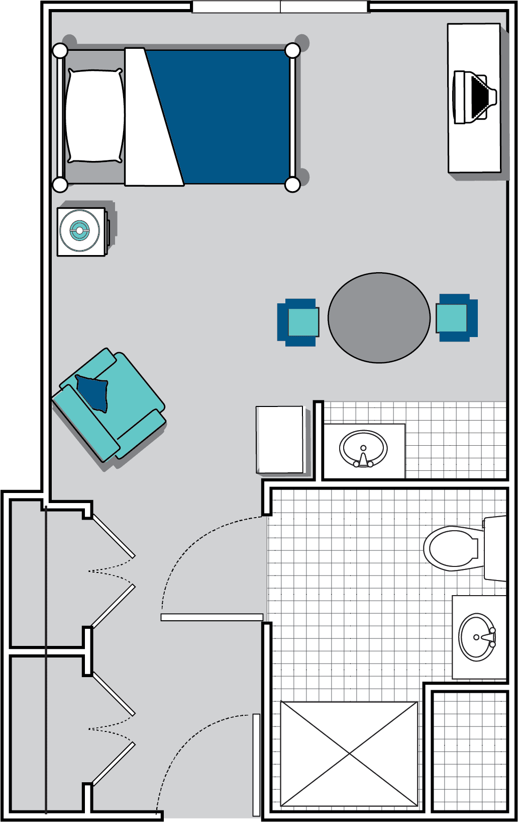 A floor plan of a studio apartment featuring a bathroom, bedroom area, and living space with furniture.