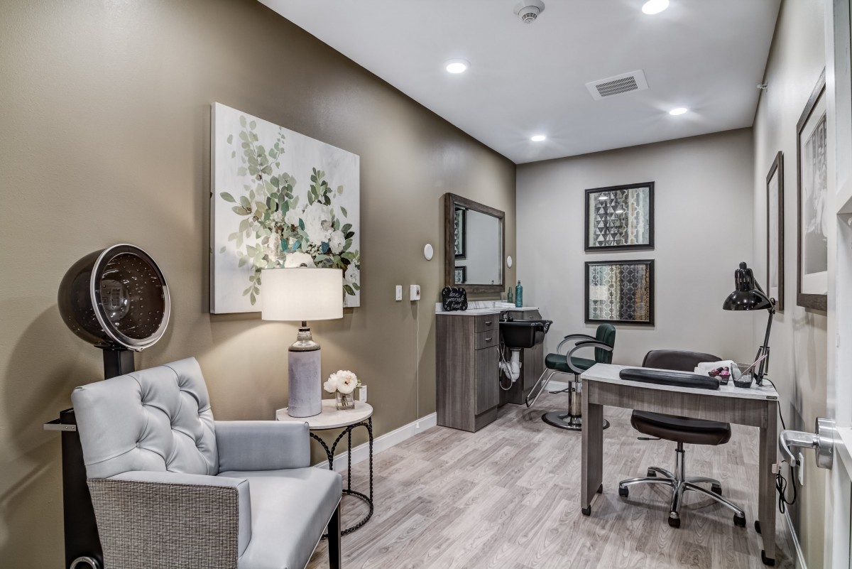 A modern office space with stylish decor and comfortable furniture.