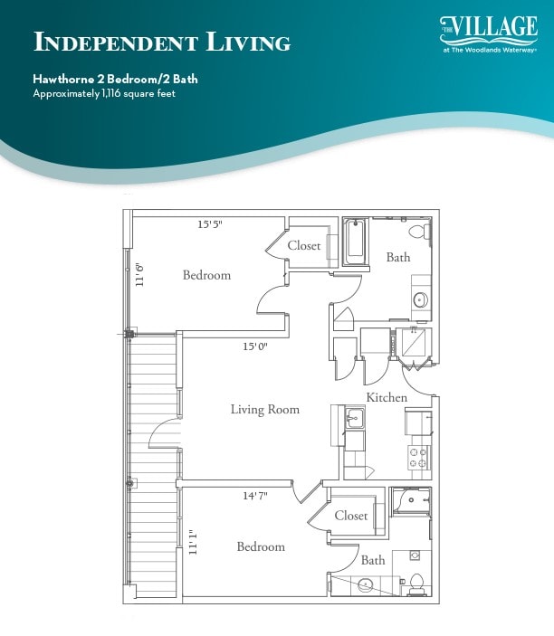 Floor plan of a two-bedroom, two-bath apartment for independent living.