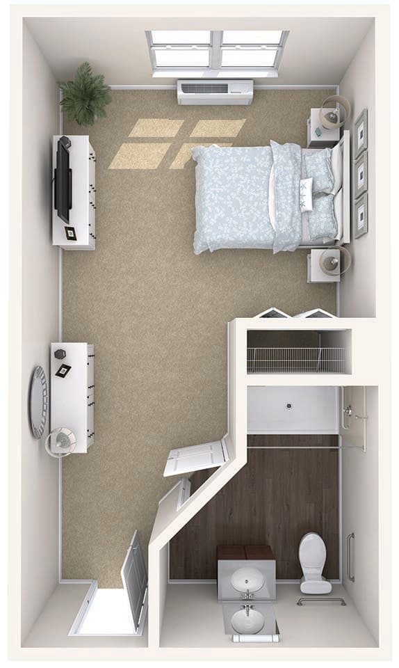 A top-down view of a bedroom featuring a bed, television, and neatly arranged furniture.