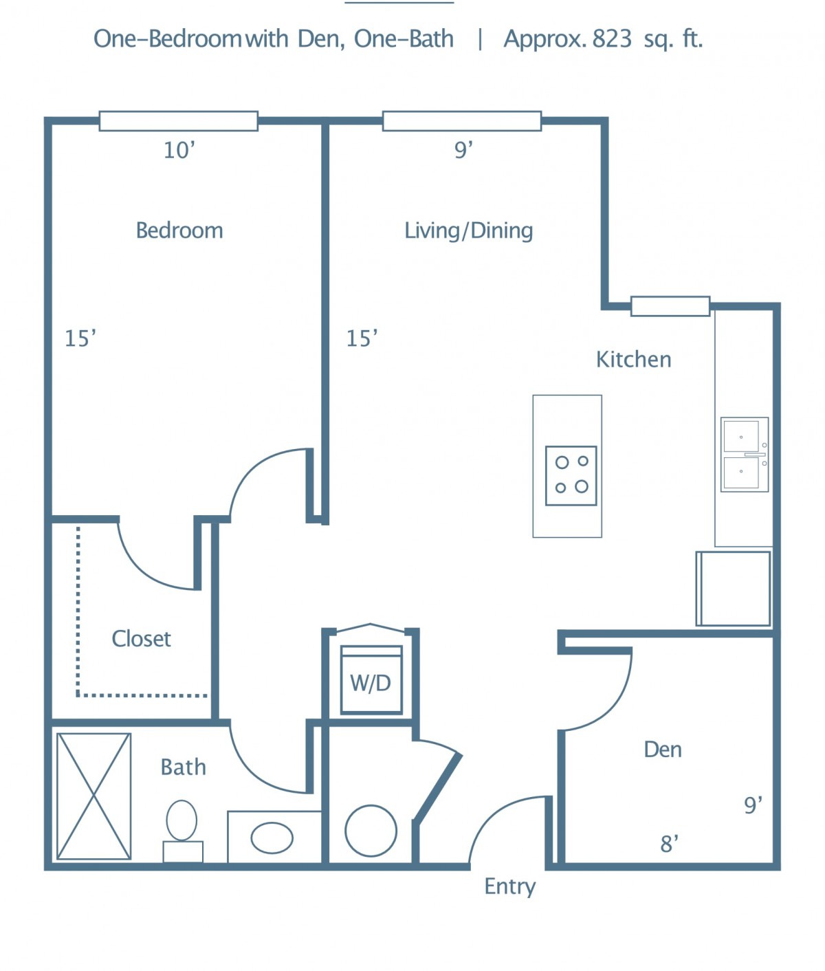 A floor plan of a one-bedroom apartment featuring a living/dining area, kitchen, bathroom, closet, and den.