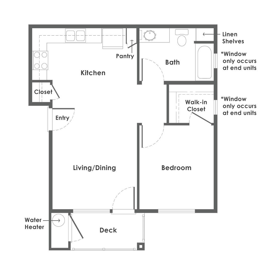A floor plan of a one-bedroom apartment showing the layout of rooms including living/dining area, kitchen, bath, and walk-in closet.