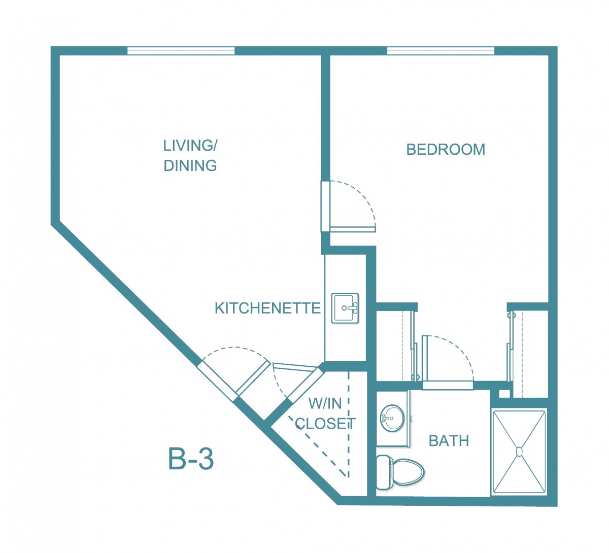Blueprint of a one-bedroom apartment layout with living/dining area, kitchenette, bedroom, and bathroom.