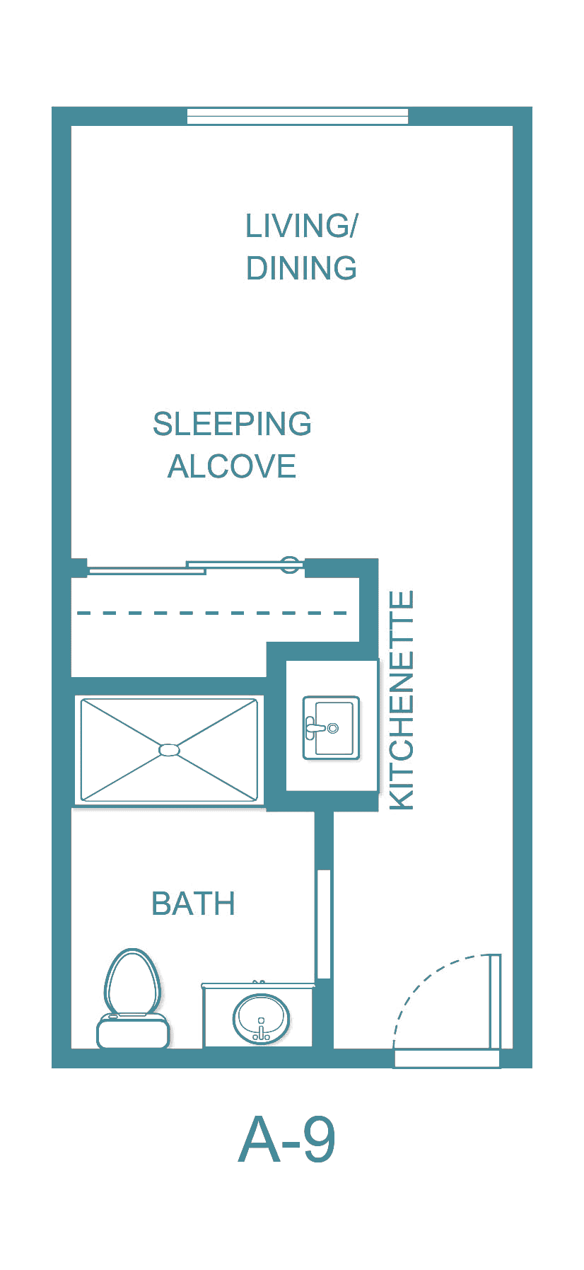 A simple floor plan of a studio apartment featuring a sleeping alcove, kitchenette, and bathroom.