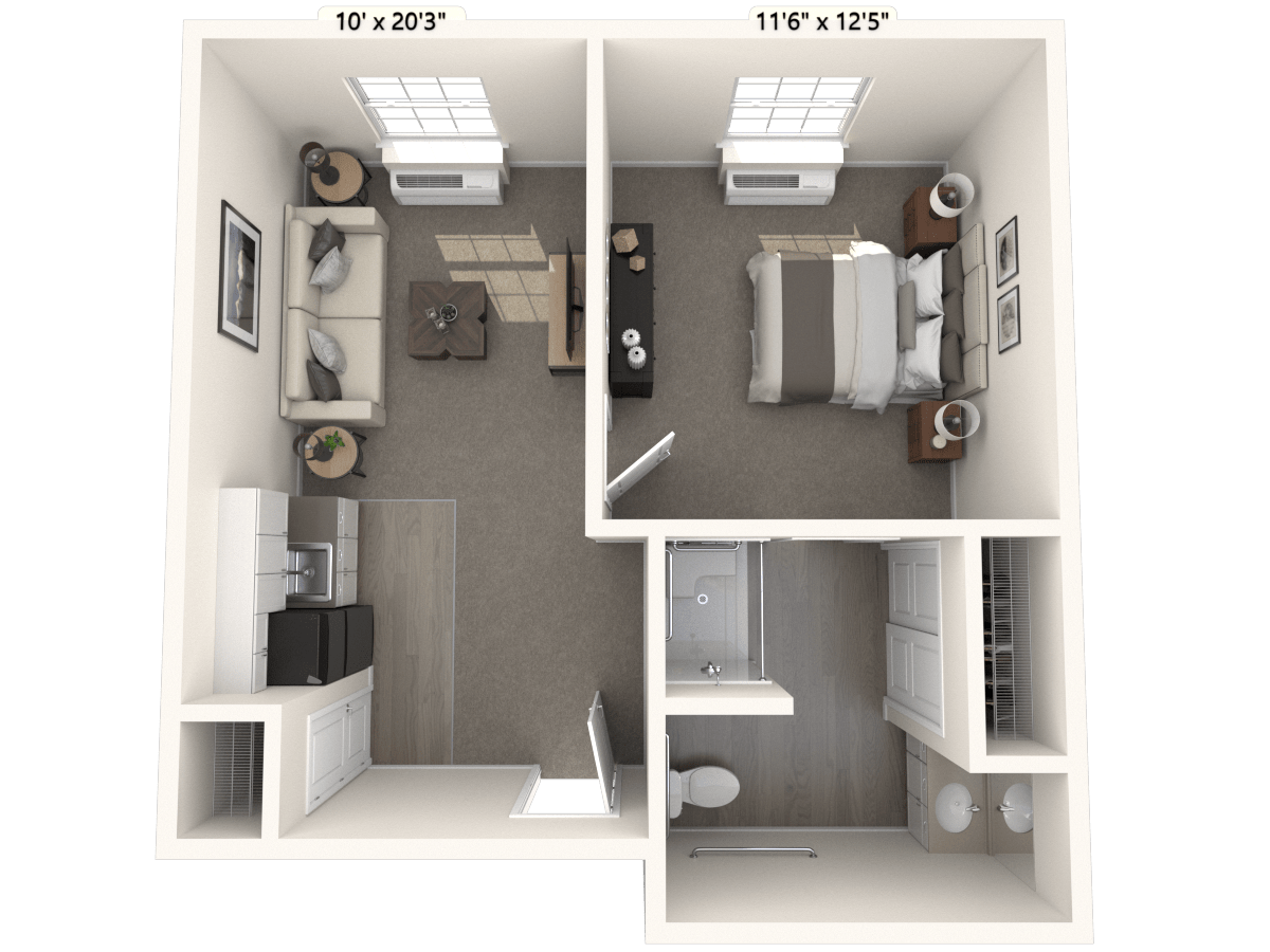 A 1-bedroom apartment floor plan showcasing the layout of the living room, bedroom, bathroom, and kitchen area.