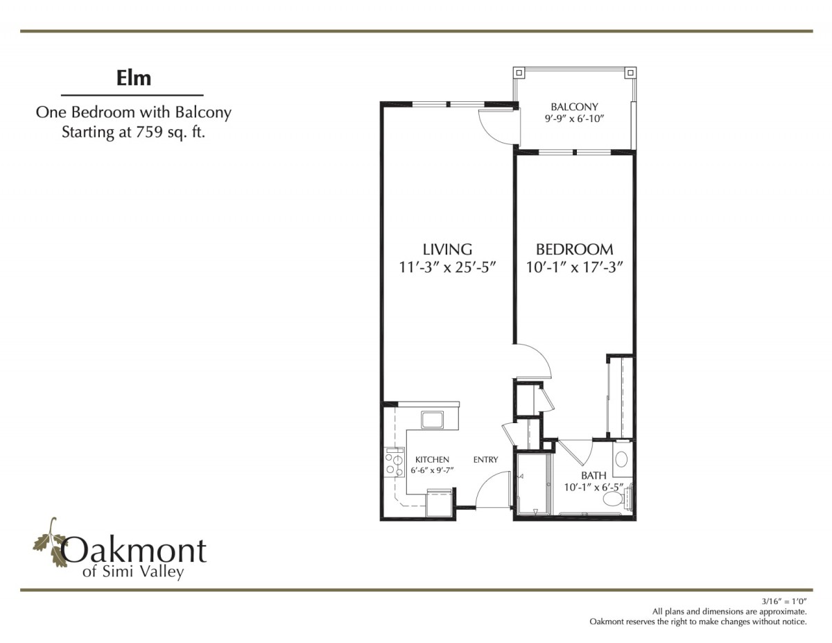 Floor plan of a one-bedroom apartment with a balcony, featuring a living room, kitchen, and bathroom.