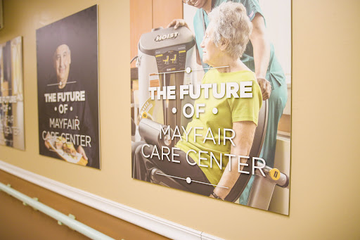 A visual representation promoting the future of Mayfair Care Center, emphasizing rehabilitation and senior care.