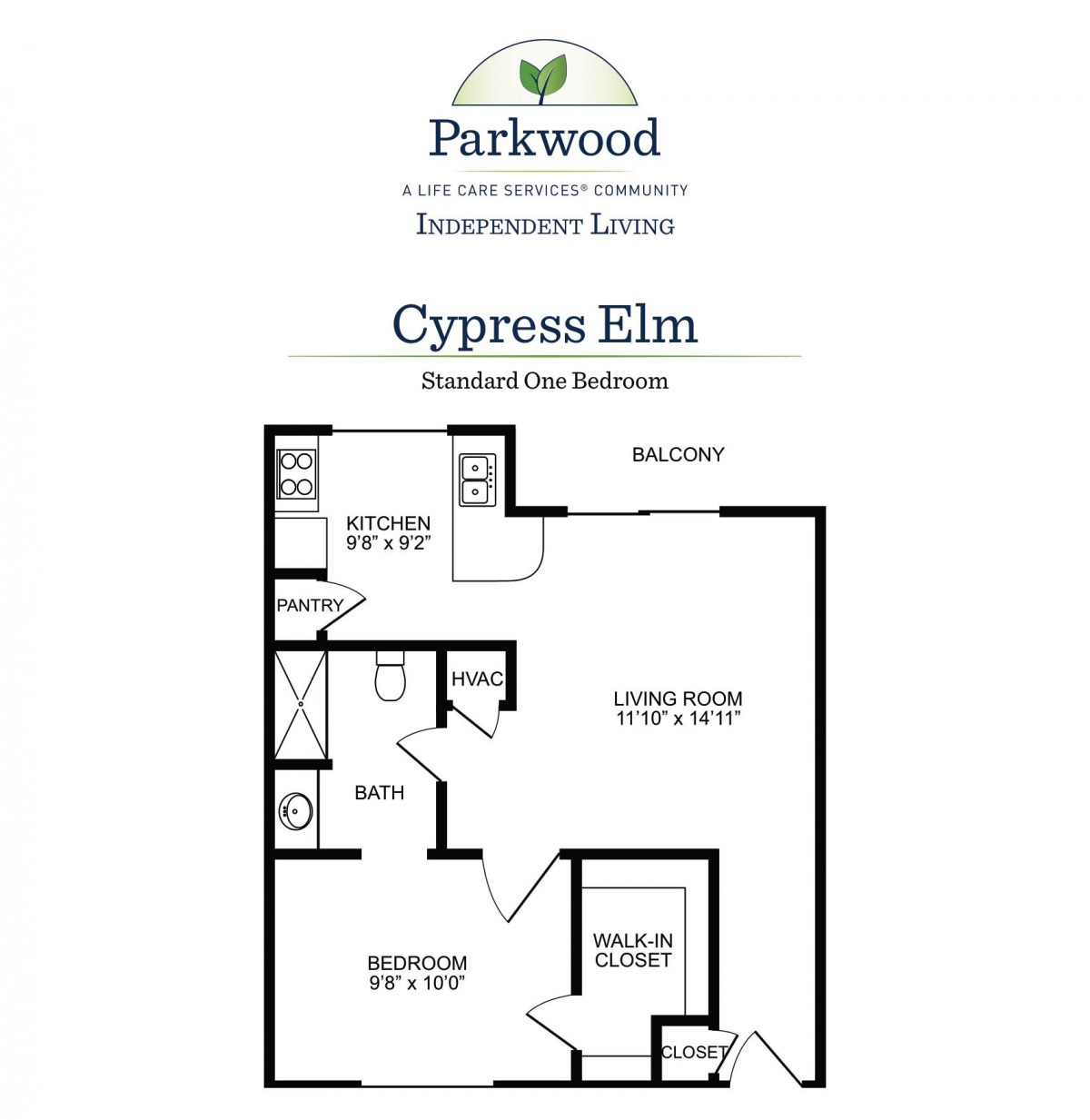 This image shows a floor plan for a one-bedroom apartment, named 'Cypress Elm', from Parkwood.