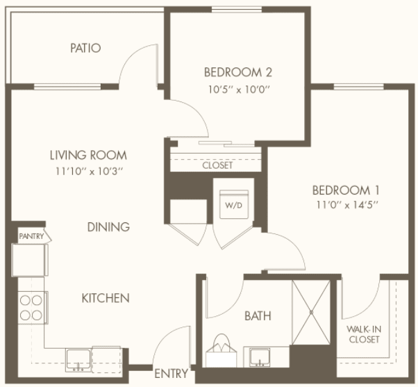 Two-bedroom apartment floor plan with kitchen, living room, bathroom, and dining area.