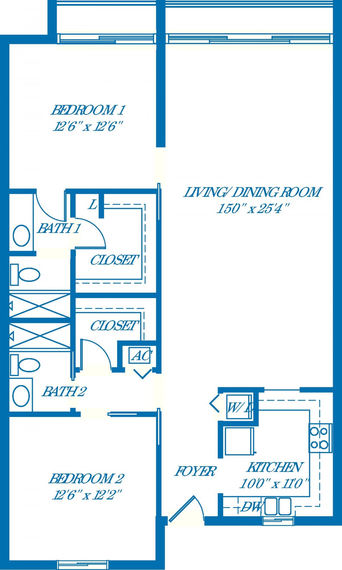 Blueprint of a two-bedroom apartment layout with labeled rooms and dimensions.